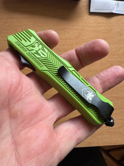 Cobratec OTF Knife — Neon Green D2 Tanto + Titanium Pry Bar Kit