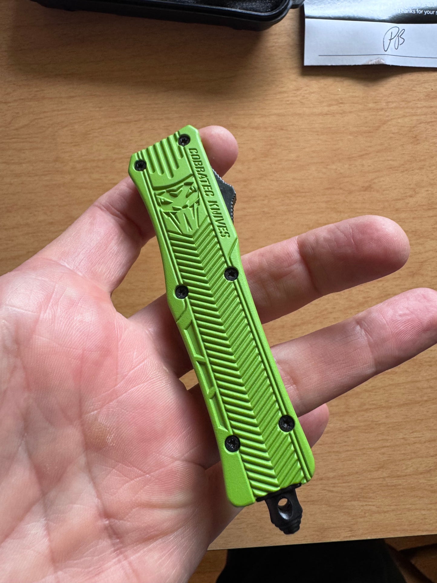Cobratec OTF Knife — Neon Green D2 Tanto + Titanium Pry Bar Kit