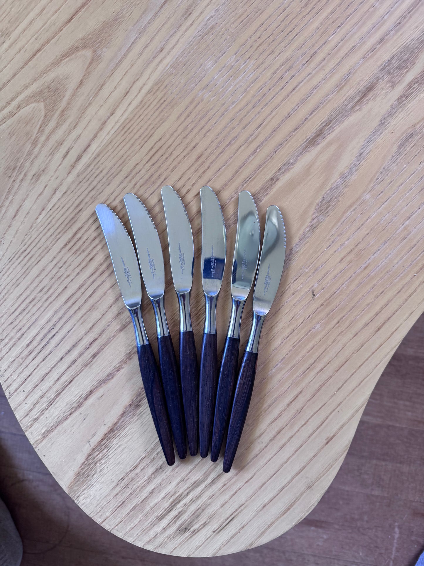Helle Table Knives — Made in Norway, Wood Handle, Vintage Scandinavian Cutlery