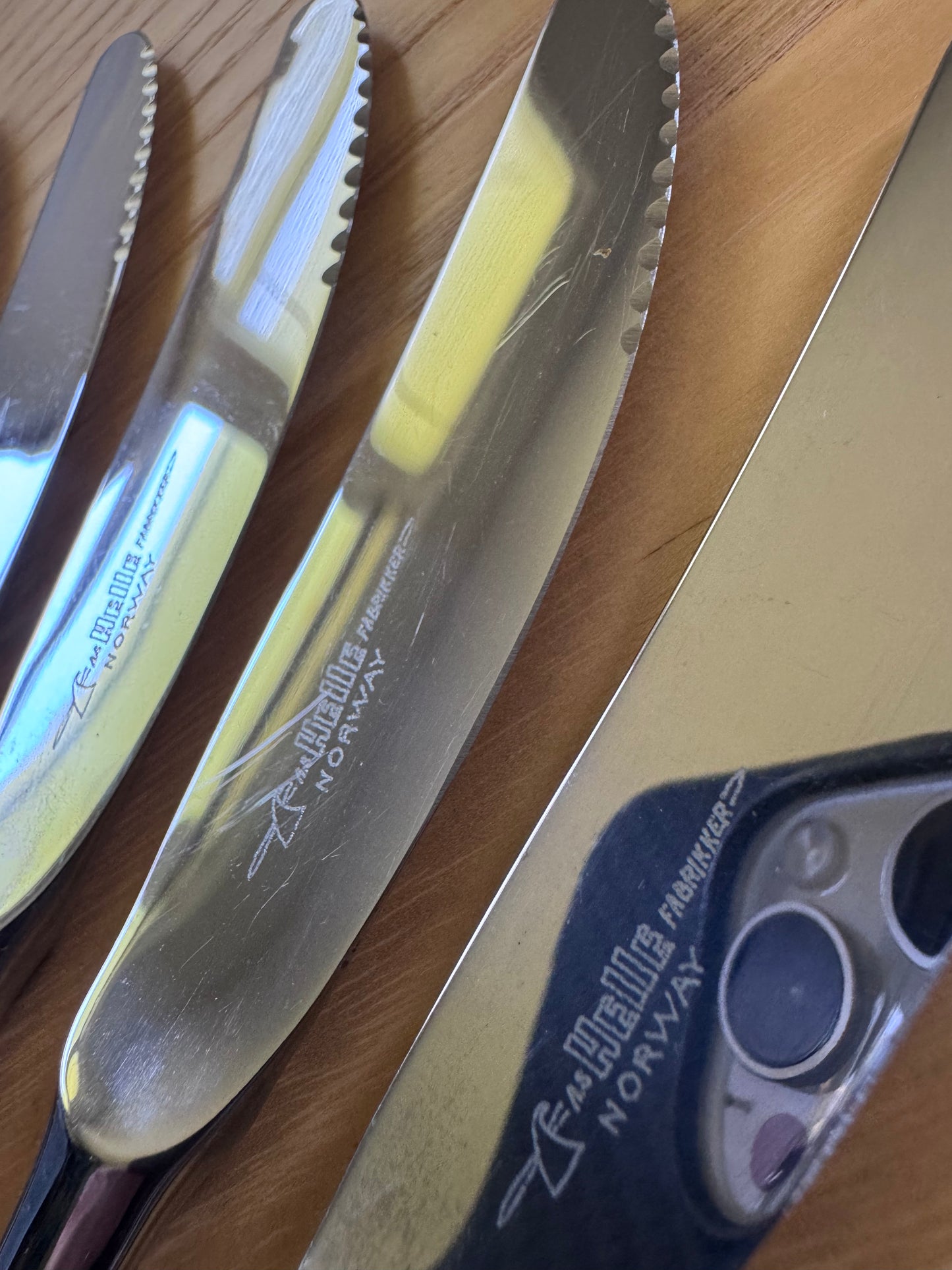 Helle Table Knives — Made in Norway, Wood Handle, Vintage Scandinavian Cutlery