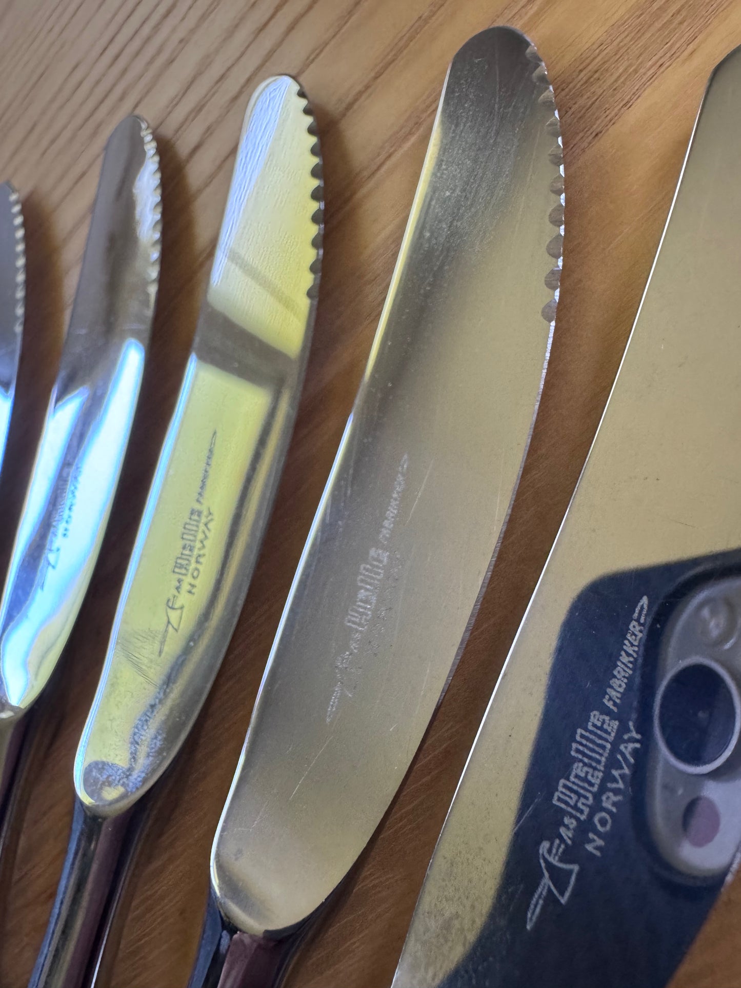 Helle Table Knives — Made in Norway, Wood Handle, Vintage Scandinavian Cutlery