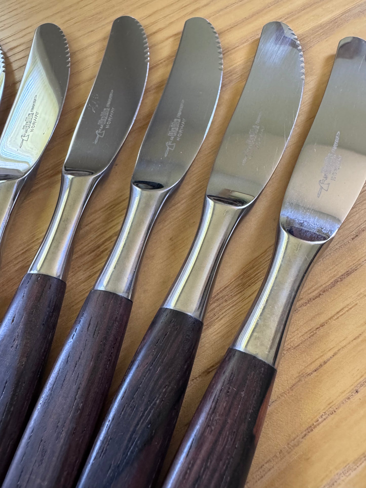Helle Table Knives — Made in Norway, Wood Handle, Vintage Scandinavian Cutlery