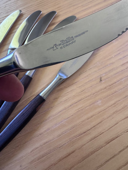Helle Table Knives — Made in Norway, Wood Handle, Vintage Scandinavian Cutlery