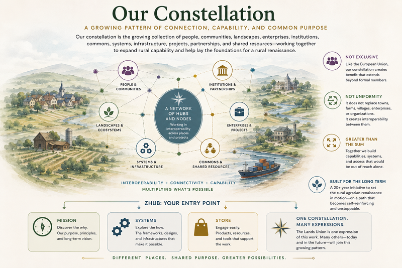 Infographic titled 'Our Constellation' with a scenic landscape background: A growing pattern of connection, capability, and common purpose, a network of hubs and nodes working in interoperability across places and projects, multiplying what's possible.