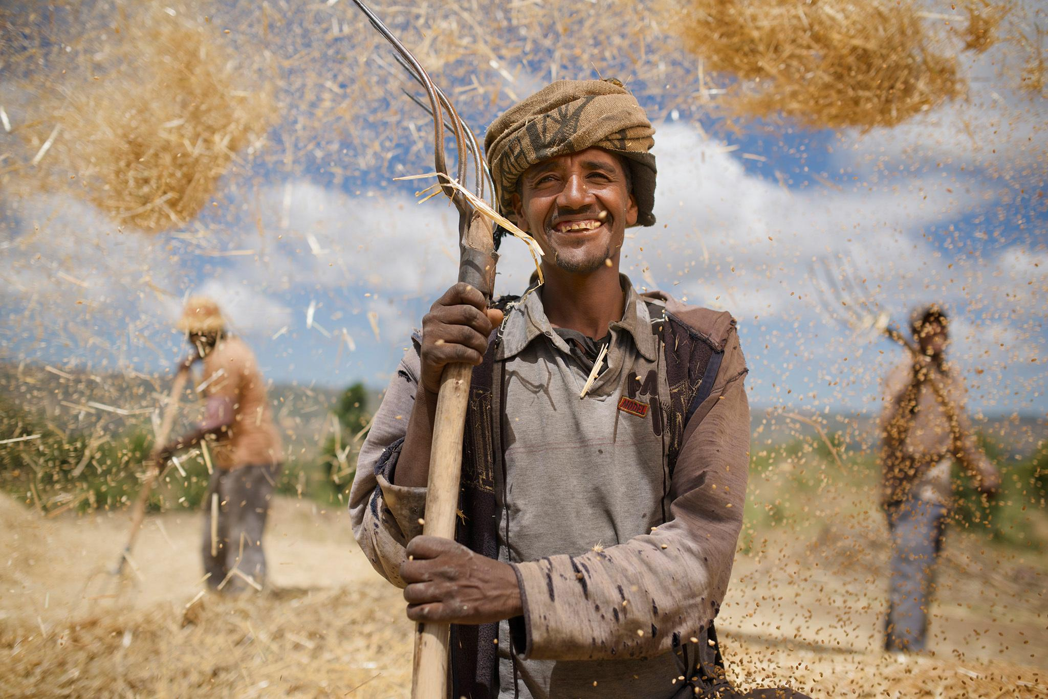 Peasant farmer Shewakena Wube photographed by Jim Richardson in Bolo Selasie, Ethiopia in a rural setting tossing chaff in the air with a pitchfork with other people in the background.