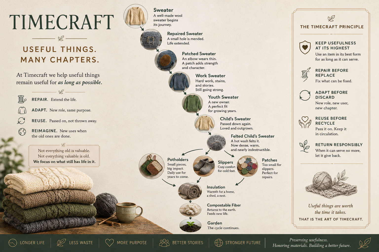 "Timecraft" product explanatory picture story  with  using wool sweaters alongside an artisan pottery cup on a rustic wooden table, featuring their principles and practices sequence via 11 levels in a cradle to cradle cascade. Showcases the artisan aspect of thrift and introduces the new word "timecraft".
